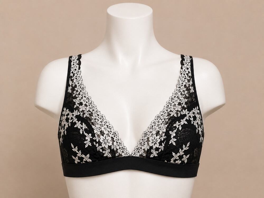 Wacoal 36 Black & White Floral Lace Bralette Bra Sheer Plunge